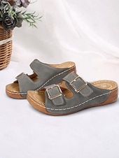 cheap Vacation Sandals-Women&#039;s Dark Blue Double Buckle Slip-On Sandals with Cushioned Sole, Casual Summer Shoes for Beach and Everyday Wear