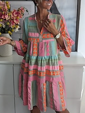 billiga Casual blommiga klänningar-Dam Mini klänning Vardagsklänning Boho-klänning Stylish Ledigt Semester Dagligen Normal Geometrisk 3/4 ärm V-hals Rodnande Rosa Vår Höst