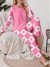 economico Pigiami da donna-Pigiama Set Da Donna Valentine&#039;s Giorno Casual Comfort Comfort Cuore Griglia  Plaid Maglietta Pantaloni Casa Valentine&#039;s Giorno Quotidiano Lungo Manica Collo A Giro Rosa Primavera Autunno Inverno