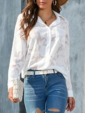 billige Blonder topper-Kvinners hvite elegante blonde topper øyelet bluse uformell ensfarget vanlig topper lang erm skjortekrage knapper lomme vanlig passform daglig romantiske petite topper sommerferie slitasje hvit gul