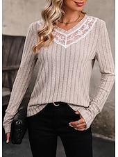 preiswerte Spitzenoberteile-Damen Elegante Spitzenoberteile Eyelet Bluse Lässige Einfarbige Reguläre Oberteile Langarm V-Ausschnitt Spitzen-Patchwork Reguläre Passform Tägliche Romantische Petite Oberteile Sommer Urlaub