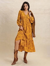 levne Boho šaty-Dámské Maxi šaty Volnočasové šaty Boho šaty s dlouhým rukávem Boho šaty Na běžné nošení Cikánský Nahoře nabírané Domů Práce Denní Běžný Grafika Geometrický Dlouhý rukáv Do V Žlutá Hnědá Léto Jaro