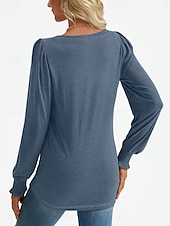 cheap Plain tee-Women&#039;s Shirt Blouse Solid Color Basic Casual Long Sleeve V Neck Regular Tops Daily Ruched Smocked Pink Blue Green Summer Spring