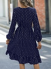 cheap Work Dresses-Women&#039;s Mini Dress Casual Dress A Line Dress Stylish Casual Vacation Daily Regular Fit Polka Dot Long Sleeve V Neck Navy Blue Green Spring Fall