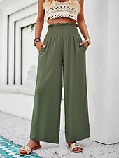 abordables pierna ancha y cintura alta-Mujer Chinos Polainas Moda Ropa de calle Longitud total Alta cintura Plano Bolsillo Cintura elástica Confortable Suave Cómodo Microelástico Exterior Calle Ejército verde Marrón Verano Primavera