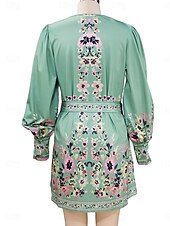 baratos Vestidos Florais Elegantes-Mulheres Minivestido Vestido casual Vestidos Boho Chic Vestido Boho Elegante Boêmia Estilo bonito Férias Diário Praia Ajuste Largo Gráfico Manga Longa Decote V Verde Claro Azul Céu Roxo Primavera