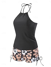 billiga Tankinis-Dam Badkläder 2 st Pojkeben Baddräkt Öppen rygg Smal Semester Standkläder Blommig Halterneck Ärmlös Baddräkter