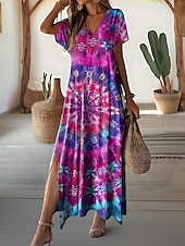 preiswerte Kunst &amp; Design Kleid-Damen Maxikleid Lässiges Kleid Strandkleid Shift Kleid Stilvoll Lässig Drop Shoulder Urlaub Täglich Reguläre Passform Floral Kurze Ärmel V-Ausschnitt Lila Frühling Herbst