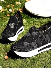 cheap Bride-Women's Glitter Lace Slip-On Platform Sneakers – Dressy Comfort Walking Shoes for Wedding Guests, Parties &amp; Travel (Gold/Black/Silver/Pink/White)