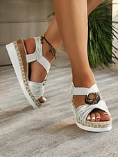 preiswerte Lässige Sandalen-Damen-Espadrille-Keilsandalen im Boho-Stil mit metallischem Ringdetail – Riemchen-Sommerschuhe für Freizeit und Strand
