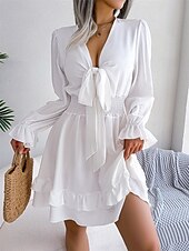 abordables Vestidos casuales blancos-Mujer Mini vestido Vestido informal Vestido de una línea Elegante Estilo lindo Casual Vacaciones Fiesta Diario Ajuste regular Plano Manga Larga Escote en Pico Blanco Rosa Azul Piscina Primavera Otoño