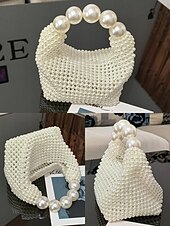 cheap Clutches &amp; Evening Bags-Women&#039;s Faux Pearl Beaded Handbag with Large Pearl Handle, Elegant Evening Clutch for Weddings, Parties and Formal Events Black Silver Beige