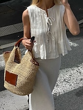 economico Camicie-Per donna Abbottonare Camicia in cotone e lino Tinta unica Essenziale Casual Senza Maniche Girocollo Top Regolari Quotidiano Volant Nero Bianco Rosso Estate Primavera