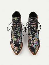 economico Stivali alla caviglia-stivaletti allacciati con ricami floreali da donna - in raso rosa acceso con tacco spesso per outfit casual, da festa o boho-chic