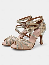 お買い得  ラテンダンスシューズ-クリスタルストラップ付き女性用メッシュラテンダンスシューズ - 社交ダンスやサルサに最適