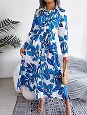 preiswerte Kleider für die Ferien-Damen Maxidress blusenkleid Casual kleid A Linie Kleid Stilvoll Brautkleider schlicht Urlaub Täglich Regular Fit Blumen Langarm Hemdkragen Blau Orange Frühling Herbst