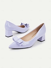 levne Block Heels-dámské elegantní levandulové lodičky z lakované umělé kůže – špicovité podpatky s mašličkovým designem, ideální do kanceláře, na večírky a formální příležitosti