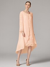 cheap With Jacket-Two Piece A-Line Dress Beach Wedding Suit Mother of the Bride Dress Elegant Plus Size Jewel Neck Tea Length Chiffon Lace Short Sleeve Jacket Dresses with Solid Color