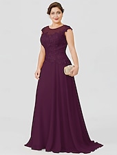 preiswerte Bodenlänge-A-Linie Mutter der Braut Kleid Hochzeitsgast Elegant Plus Size Illusionshals Sweep  Brush Zug Chiffon Perlenbesetzte Spitze Kurze Ärmel ohne Schleife(n) Falten 2025 kostenlose Maßanfertigung