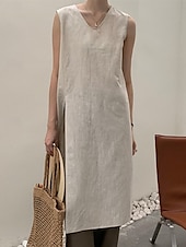 abordables Robes de travail-Femme Normal Robe mi-longue Robe en lin mode Décontractées du quotidien Plage Standard Plein Sans Manches Col V Noir Abricot Eté