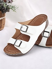 cheap Vacation Sandals-Women&#039;s Dark Blue Double Buckle Slip-On Sandals with Cushioned Sole, Casual Summer Shoes for Beach and Everyday Wear