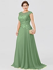 preiswerte Bodenlänge-A-Linie Mutter der Braut Kleid Hochzeitsgast Elegant Plus Size Illusionshals Sweep  Brush Zug Chiffon Perlenbesetzte Spitze Kurze Ärmel ohne Schleife(n) Falten 2025 kostenlose Maßanfertigung
