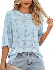 お買い得  単色-女性用 ニット カジュアル ソフト ピュアカラー リブ クルーネック ニット 七分袖 レギュラートップス ニット アウトドア 日常 週末 ホワイト ピンク 春 秋