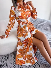 preiswerte Kleider für die Ferien-Damen Maxidress blusenkleid Casual kleid A Linie Kleid Stilvoll Brautkleider schlicht Urlaub Täglich Regular Fit Blumen Langarm Hemdkragen Blau Orange Frühling Herbst