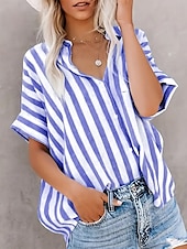 cheap Work Tops-Women&#039;s Shirt Blouse Striped Casual Short Sleeve Shirt Collar Regular Tops Daily Buttons Print Blue Gray Summer Spring