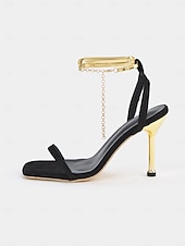cheap Dress Sandals-Women&#039;s Black Suede Stiletto Heels with Gold Wrap-Around Ankle Straps and Square Toe – Sexy High Heel Sandals for Parties and Evening Events