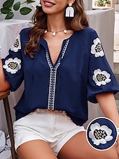 preiswerte Damen Urlaub Oberteile-Damen Hemd Bluse Blumen Stilvoll Brautkleider schlicht Kurzarm V Ausschnitt Normale Oberteile Täglich mit Schnürung Bestickt Weiß Marineblau Sommer Frühling