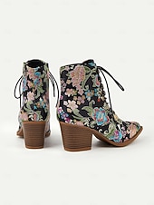 economico Stivali alla caviglia-stivaletti allacciati con ricami floreali da donna - in raso rosa acceso con tacco spesso per outfit casual, da festa o boho-chic