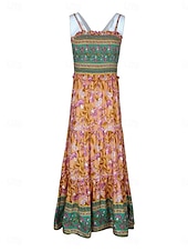 levne Boho šaty-Dámské Maxi šaty Volnočasové šaty Boho Chic šaty Boho šaty Čechy stylové Na běžné nošení Dovolená Denní Plážové Volný Grafika Bez rukávů Do V Oranžová Léto Jaro