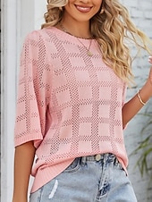 お買い得  単色-女性用 ニット カジュアル ソフト ピュアカラー リブ クルーネック ニット 七分袖 レギュラートップス ニット アウトドア 日常 週末 ホワイト ピンク 春 秋