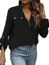 economico Top Semplici da Donna-Per donna Camicia Tinta unica Elegante Moda Informale Manica lunga A V Da mare Feste Giornaliero Nero Primavera Autunno