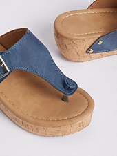 preiswerte Lässige Sandalen-Blaue Keilsandaletten für Damen mit Schnallenriemen und Nietendetails, bequeme Sommerschuhe für die Freizeit und den Strand