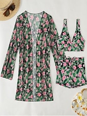 abordables Ensemble de bikinis-Femme Maillots de Bain Trois pièces Shorts Maillot de bain Patchwork Elégant Vacances Floral Graphic manche longue Maillots de bain
