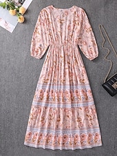 abordables Robes Bohémiennes-Femme Robe Maxi Robe casual Robes bohème chic Robe Trapèze robe boheme Bohême Le style mignon mode Vacances du quotidien Plage Ample Graphic Manches 3/4 Col V Rose Claire Bleu Abricot Printemps
