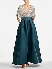abordables GRIS-Robe de soirée A-Line élégante Robe invitée formelle Mariage longueur cheville Manches mi-longues Décolleté en V Invité de mariage d&#039;automne Sequins avec sequins à bretelles 2025
