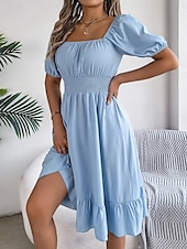 economico Abiti da campagna-Per donna Mini abito Abito casual Abito linea A Abito da lattaia Moda Essenziale Informale Da mare Giornaliero Standard Liscio Manica corta Squadrata Cachi Azzurro Estate Primavera