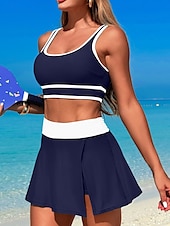 billiga Bikiniset-Dam Badkläder Bikini 2 st Kjol Baddräkt Öppen rygg Smal Semester Standkläder Ensfärgat U-hals Ärmlös Baddräkter