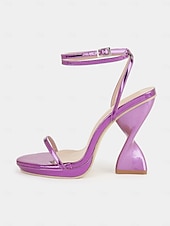 abordables Fête de la Vie Nocturne-sandales à lanières violettes métallisées pour femmes avec talons sculpturaux et bride à la cheville – talons hauts audacieux pour les soirées et les occasions spéciales