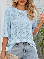 お買い得  単色-女性用 ニット カジュアル ソフト ピュアカラー リブ クルーネック ニット 七分袖 レギュラートップス ニット アウトドア 日常 週末 ホワイト ピンク 春 秋