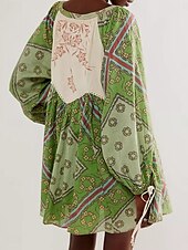billiga Casual blommiga klänningar-Dam Mini klänning Vardagsklänning Boho-klänning Etnisk Ledigt Semester Dagligen Normal Blommig Långärmad V-hals Vin Blå Grön Vår Höst