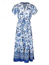 preiswerte Ausgefallene Kleider-Damen Maxidress Casual kleid Schaukelkleid A Linie Kleid Boho-Kleid Brautkleider schlicht Täglich Regular Fit Blumen Halbe Ärmel V Ausschnitt Blau Sommer Frühling