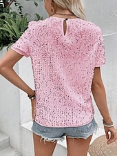 billige Dressy topper-Dame Paljetter Glitrende Party Glimmer عادي Mote Moderne Fritid Kortermet Crew-hals Vanlige topper Daglig Helg Paljetter Svart Rosa Gull Sommer Vår