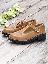 abordables Années 1950-chaussures Mary Jane en similicuir marron clair pour femmes avec bride en T et détails brogue, semelle robuste pour un port quotidien confortable et des tenues de style vintage