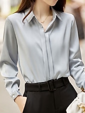 voordelige Elegante topjes-Dames Overhemd Blouse Effen Kleur Basic Casual Lange mouw Overhemdkraag Normale tops Dagelijks Knop Wit Groen Grijs Herfst Winter