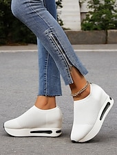 billige Sneakers til kvinner-hvite slip-on-strikkede joggesko for kvinner med pustende mesh og skjult hæl - lette fritidssko for turgåing og hverdagsbruk