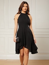 baratos Vestidos de Cocktail-Vestidos de Cocktail A-Line Vestido de Festa Convidada de Casamento Comprimento Até o Joelho Sem Mangas Decote Halter Chiffon Costas em V com Pregas Vestidos Derby 2025